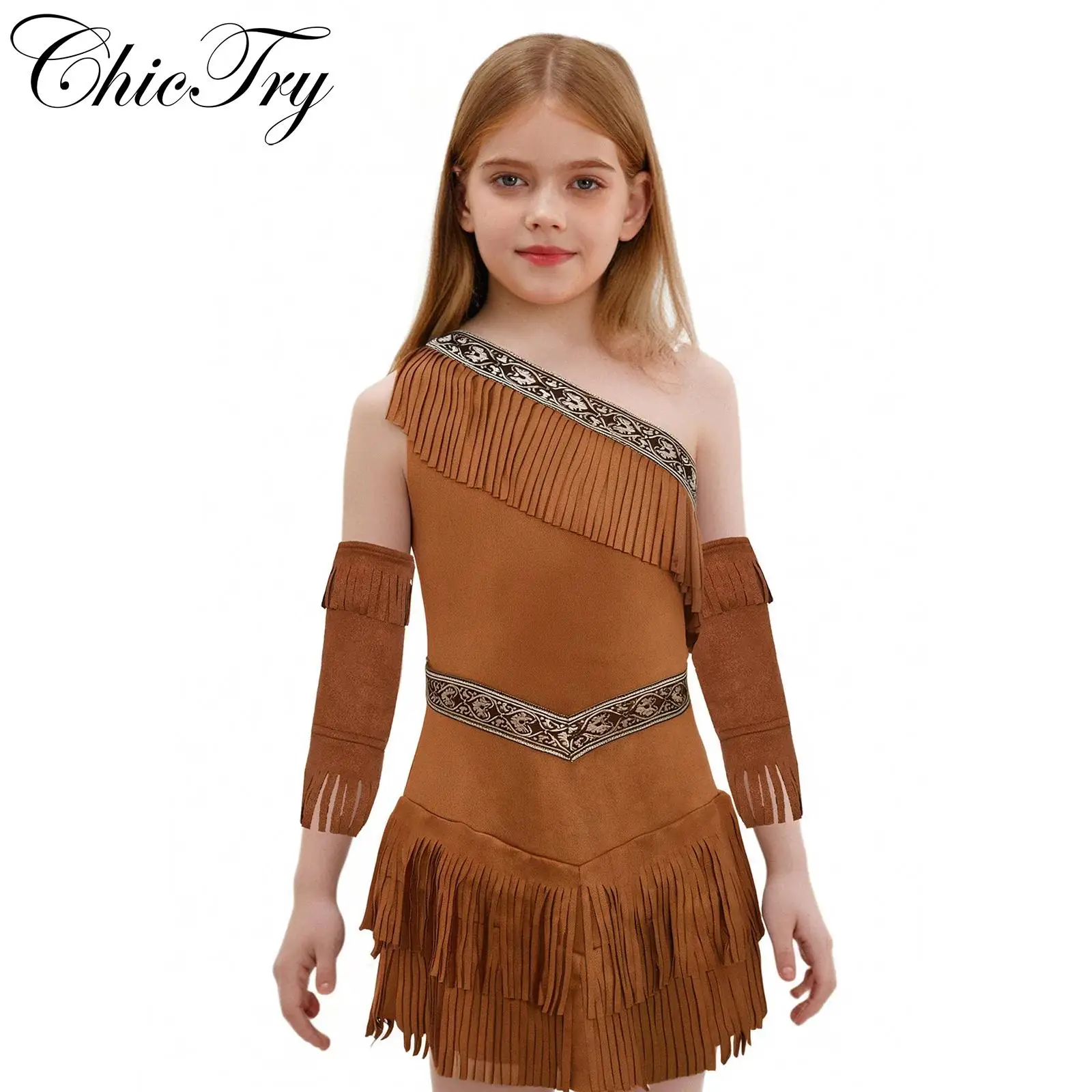 

Kids Girls Native American Princess Cosplay Costume Halloween Fancy Party Dress with Cuffs Sleeveless Fringe Suede Dress Outfits