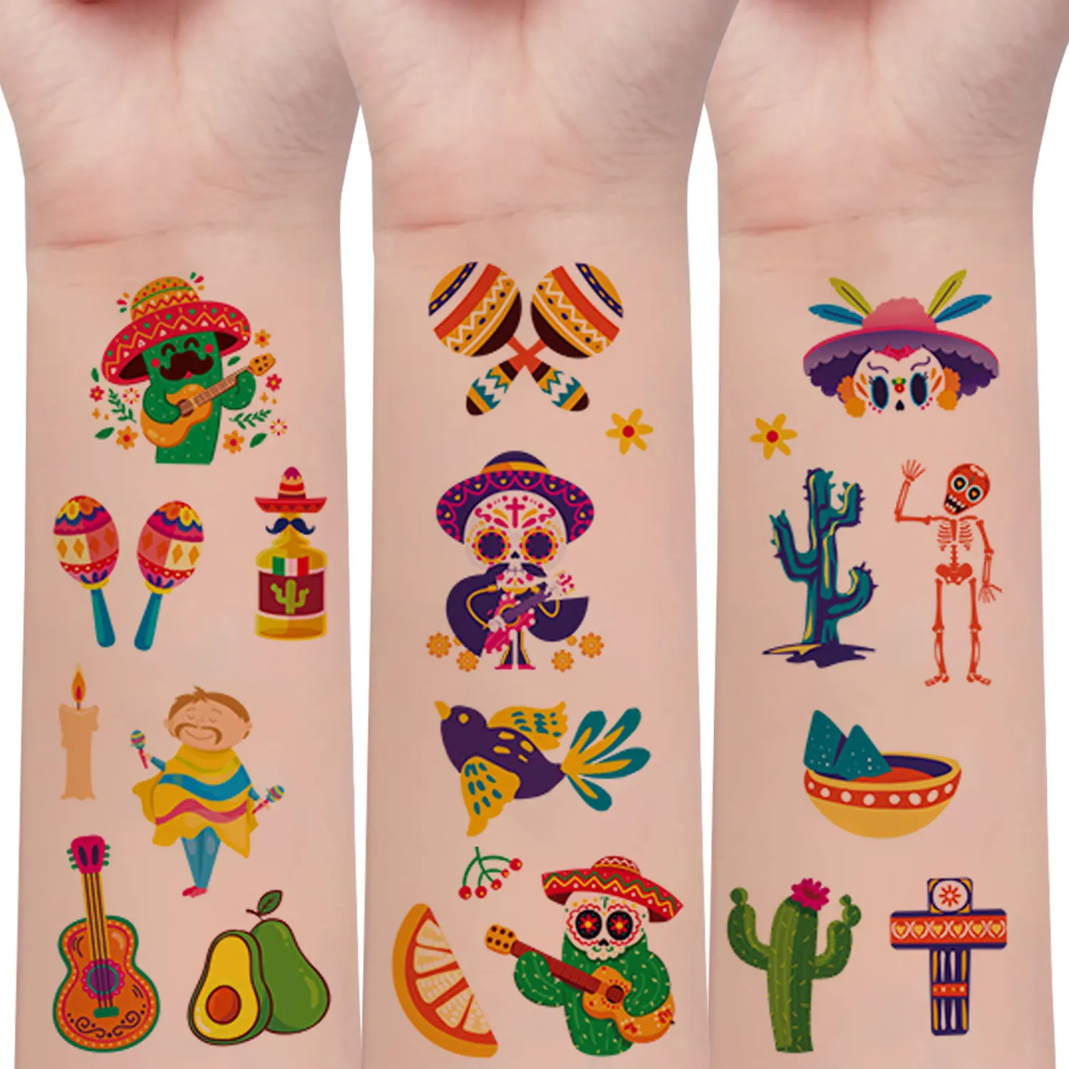 

10 листов 140 черепов с узором мексиканского дня мертвых серии временные татуировки-наклейки, скелет-кактус, узоры гитары