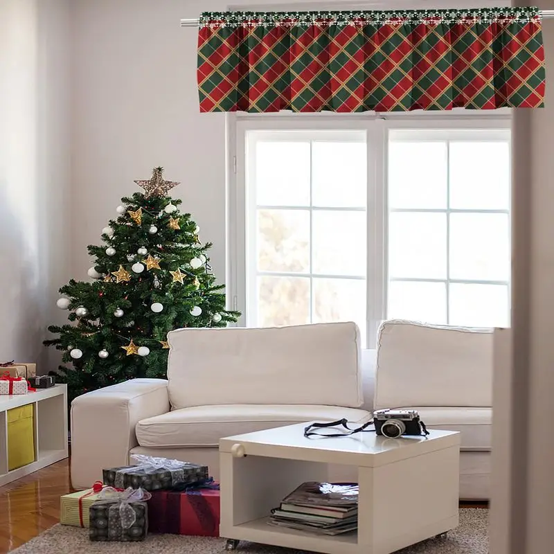 VIKAMA Christmas Short Curtains Valances Plaid Check Kitchen Window Home Winter Holiday Window Decor