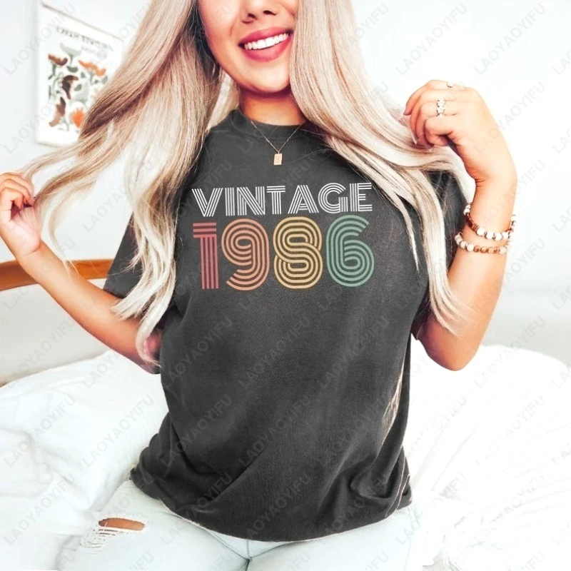 

Винтажная хлопковая футболка унисекс для взрослых 1986 года, подарок на 40-летие для женщин, мужская футболка в стиле ретро с круглым вырезом и принтом, Ropa Mujer, мужские Camisetas