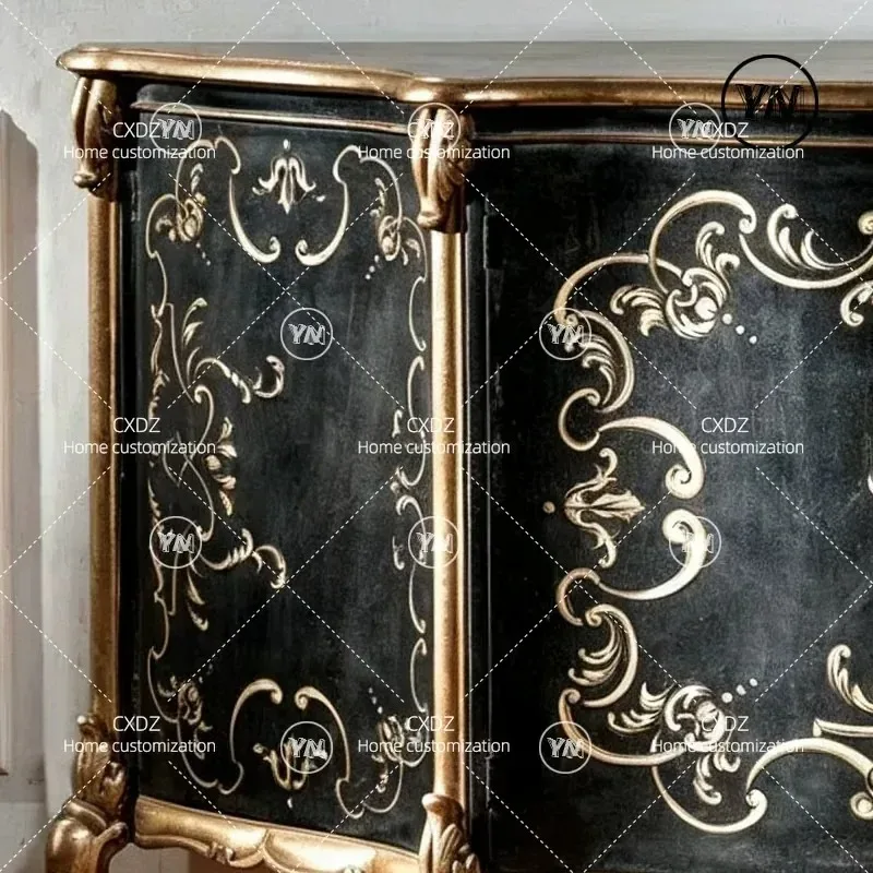 French Retro Gold Carved Solid Wood Entrance Cabinet Black Storage Locker