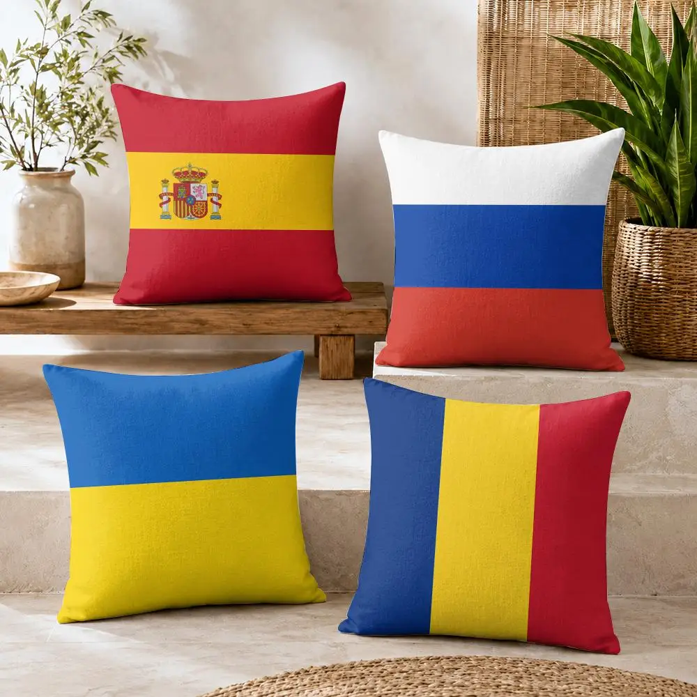European National Flags Cushion Cover Natural Linen Organic Fabric Double-Sided Printing Breathable For Decor