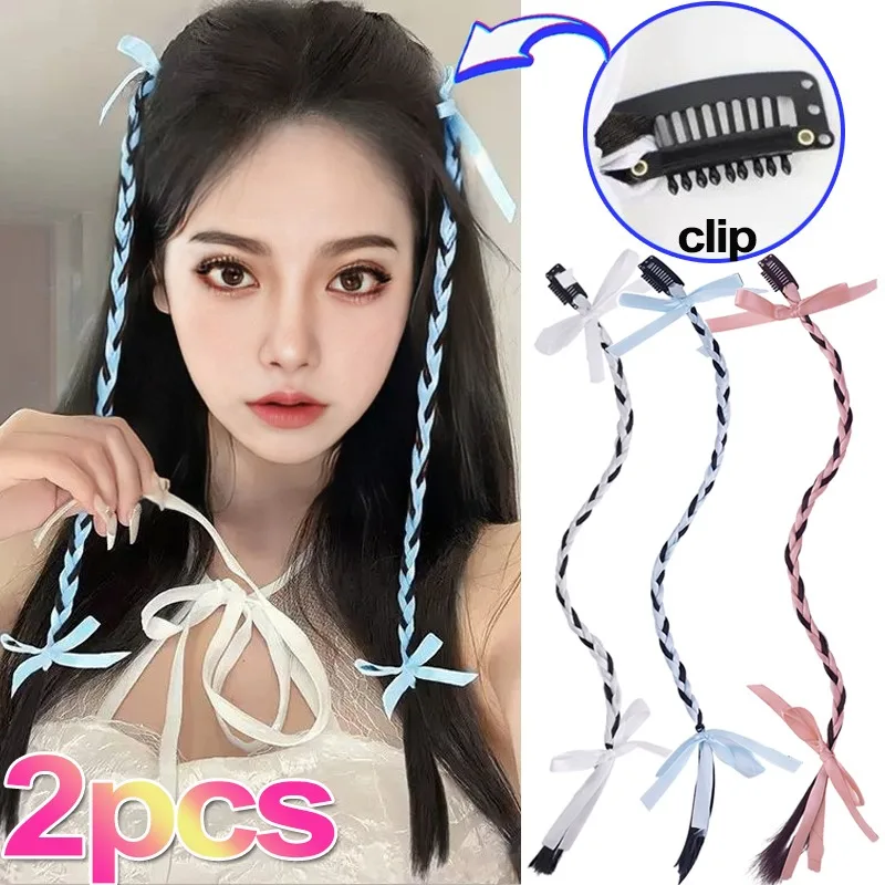 Y2K Fashion Wig Braid Tissued Boxing Braids Girls Women's Handmade Woven Ribbon Bow Traceless Invisible BB Clip DIY Hairstyle