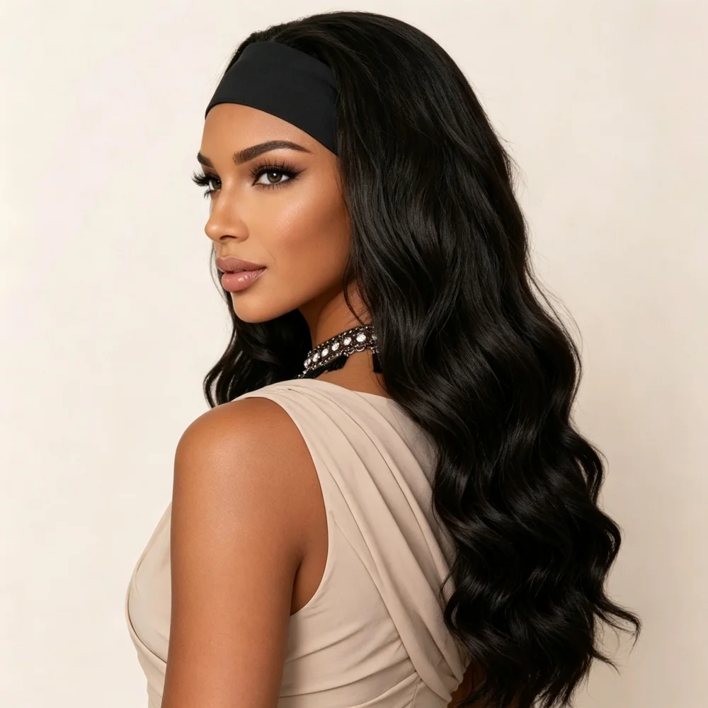 Women 28 Inch Long Black Wavy Synthetic Headband Wig Body Wave Realistic Daily & Party Wig