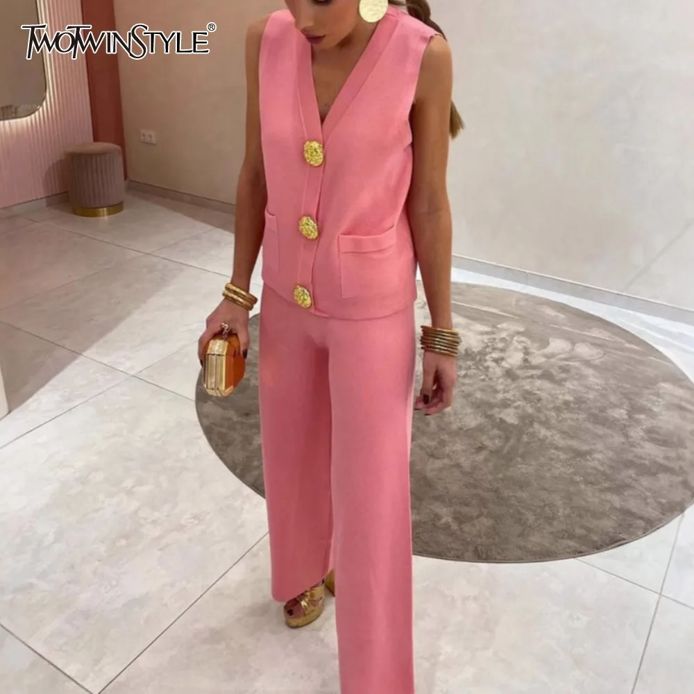 

TWOTWINSTYLE Solid Slimming Two Piece Set for Women V Neck Sleeveless Vest High Waist Pant Sets Female Fashion