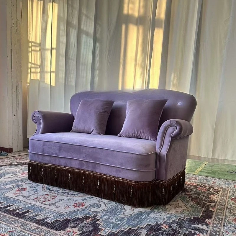 أريكة فرنسية مخملية كلاسيكية لثلاثة أشخاص، شقة صغيرة، غرفة معيشة أرجوانية، أريكة قماش بإبزيم أمريكي #3