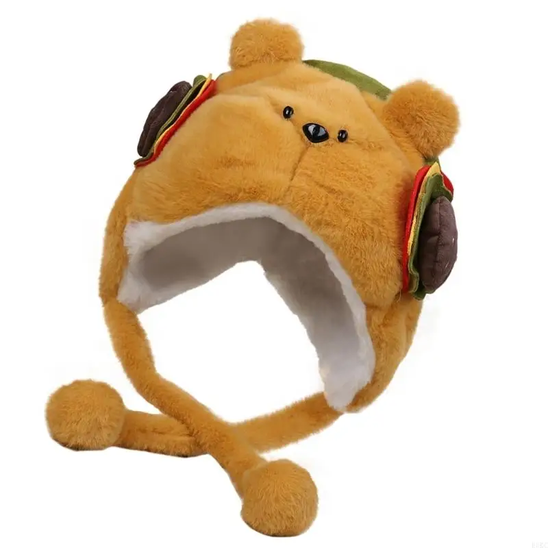 

F3KC Windproof Plush Brimless Hat with Cartoon Hamburger Bear Design For Women Girl Cold Weather Trapper Hat for Hiking Skiing