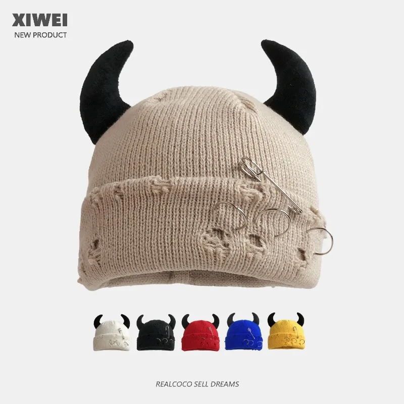 

Halloween Funny Devil Horn Knitted Beanies for Women Autumn Winter Casual Warm Personality Versatile Yuppie Melon Fur Hats Men