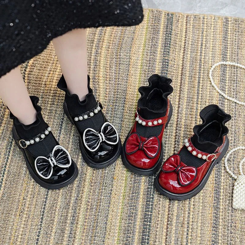 Spring Autumn Girl Glossy Leather Shoes Fashion Children Princess Causal Dress Flats Sweet Bowtie Kids School Mary Jane Shoes