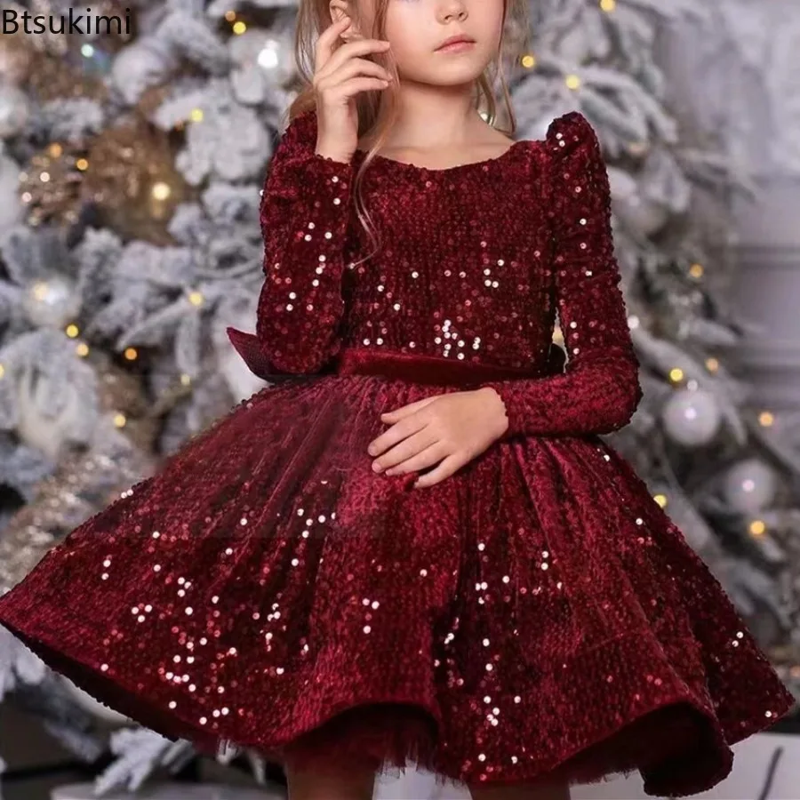 New Baby Glitter Birthday Party Dress for Girls Elegant Sequin Evening Dresses Teenage Girls Party Frock Wedding Kids Vestido