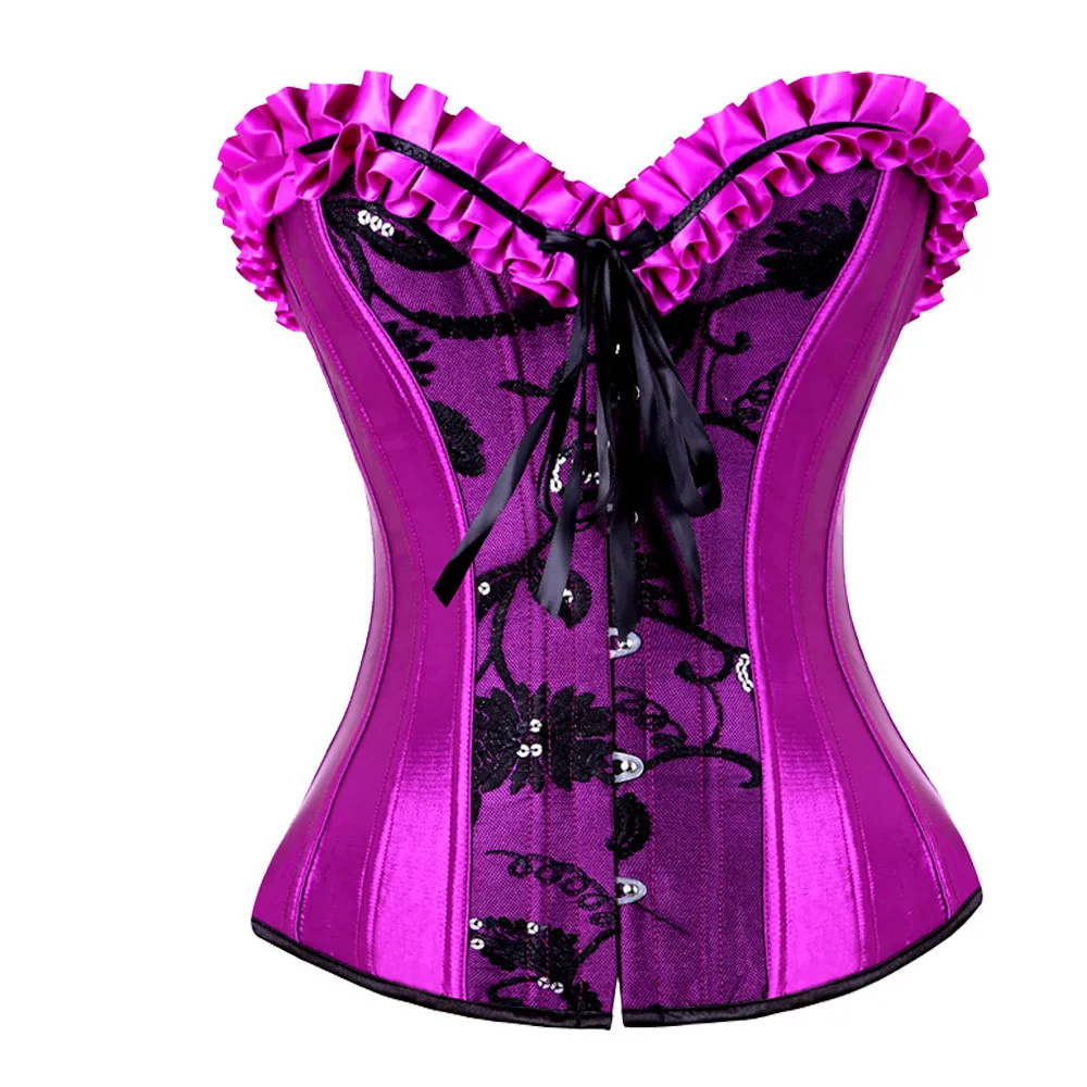 Women Gothic Burlesque Overbust Corset Sexy Purple Dancer Dress Lingerie Showgirl Top with Layed Skirt Plus Size