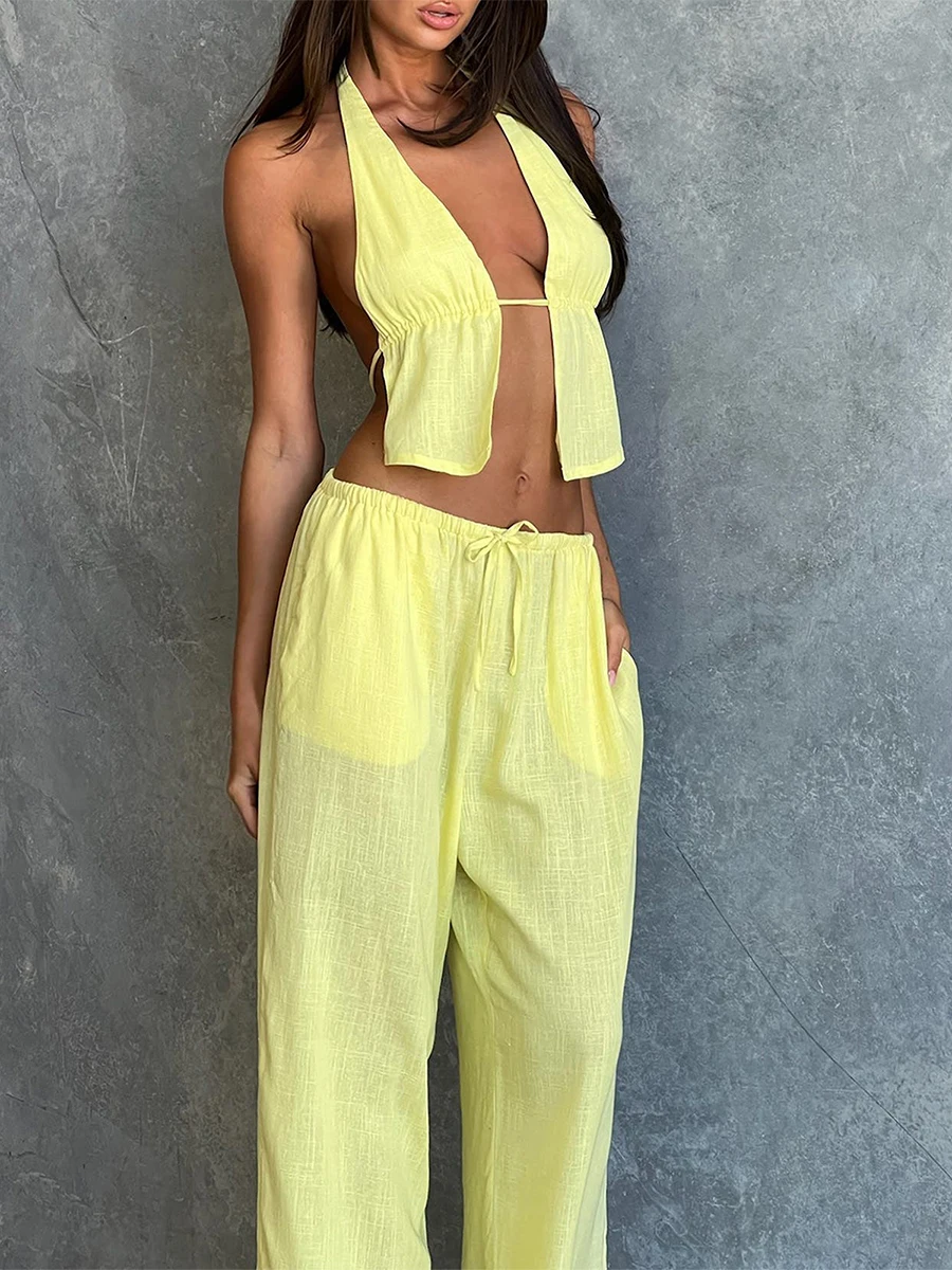 New Women Summer Pants Outfits Stripe Tie-Up Halter Neck Backless Sleeveless Tank Tops Wide-Leg Pants 2 Pieces Clothes Set S M L