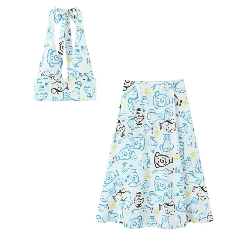 

Summer Fashion Skirt Suit for Women Blue Printed Halter Top Or Midi Skirt Stylish Beach Vacation Ladies Set 2025 Sweet Style