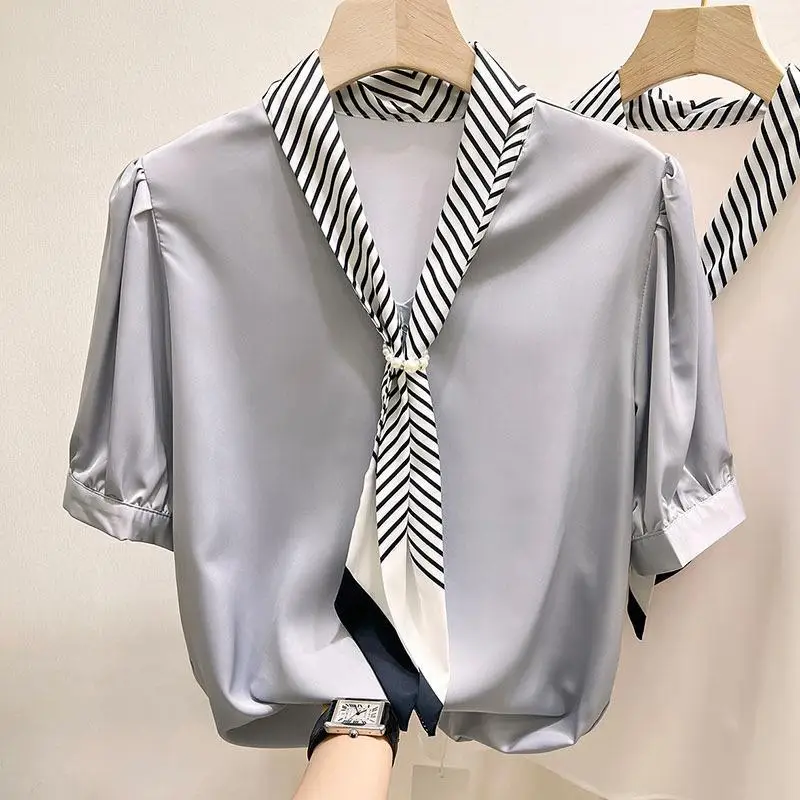 French Style Stripe Lace Up Beaded Chiffon Shirt 2023 Summer New Style Professional High Waist Skirt Set for Women