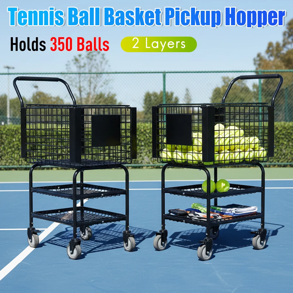 

Tennis Ball Storage Cart Easy Load Pickup Hopper 350 Balls 2 Layer Design with Wheels for Tennis Coach Training Teaching