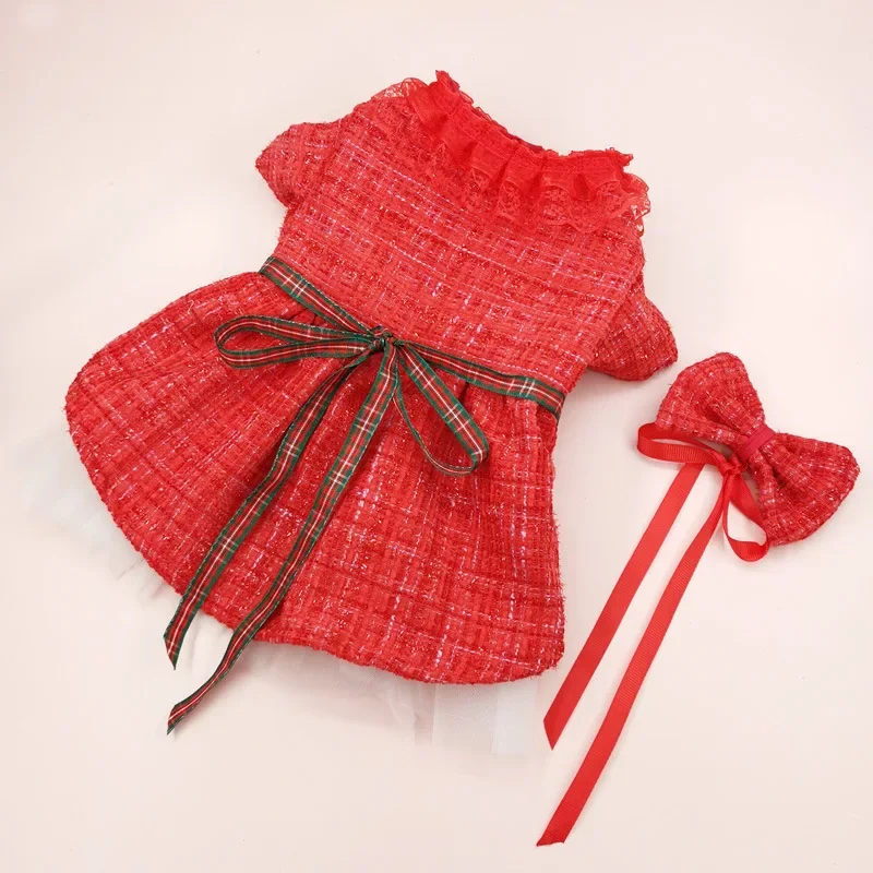 

New pet clothing, red Christmas dress, Xiaoxiangfeng coat skirt, double gauze skirt, cat clothes.