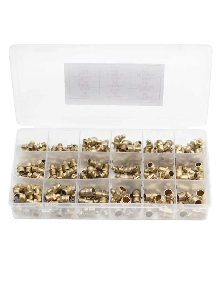 165pcs Hydraulic Grease Brass Zerk Fitting M6M8M10 Assortment Kit-Straight 90-Degree 45-Degree Straight Type Grease Nipple Set