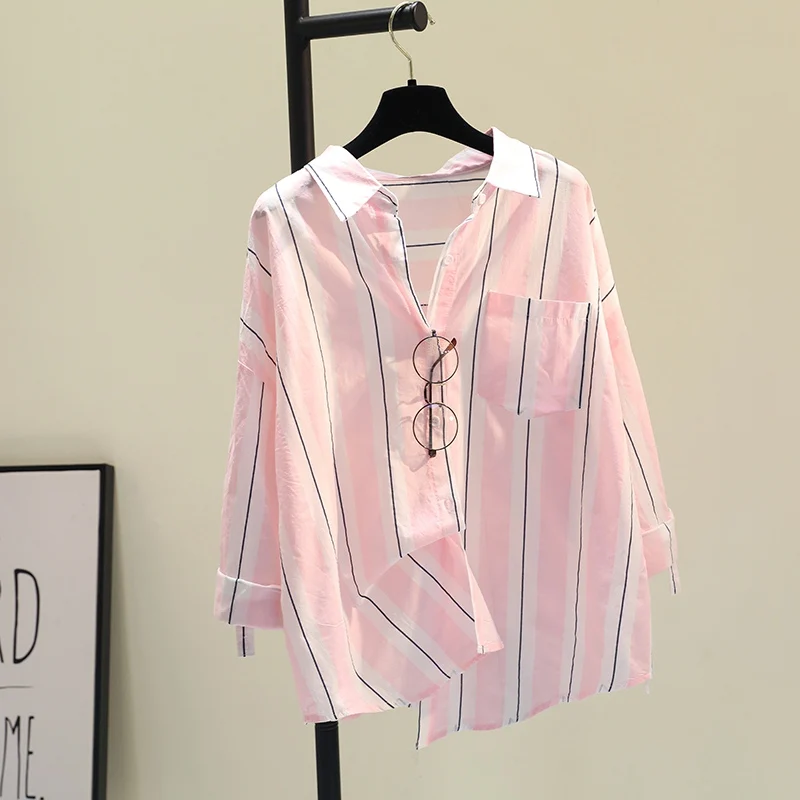 

Pure Cotton Striped Shirt Women's Summer Top Fashion Versatile Straight Cut Long Sleeve V-Neck Button Detail Sun Protection
