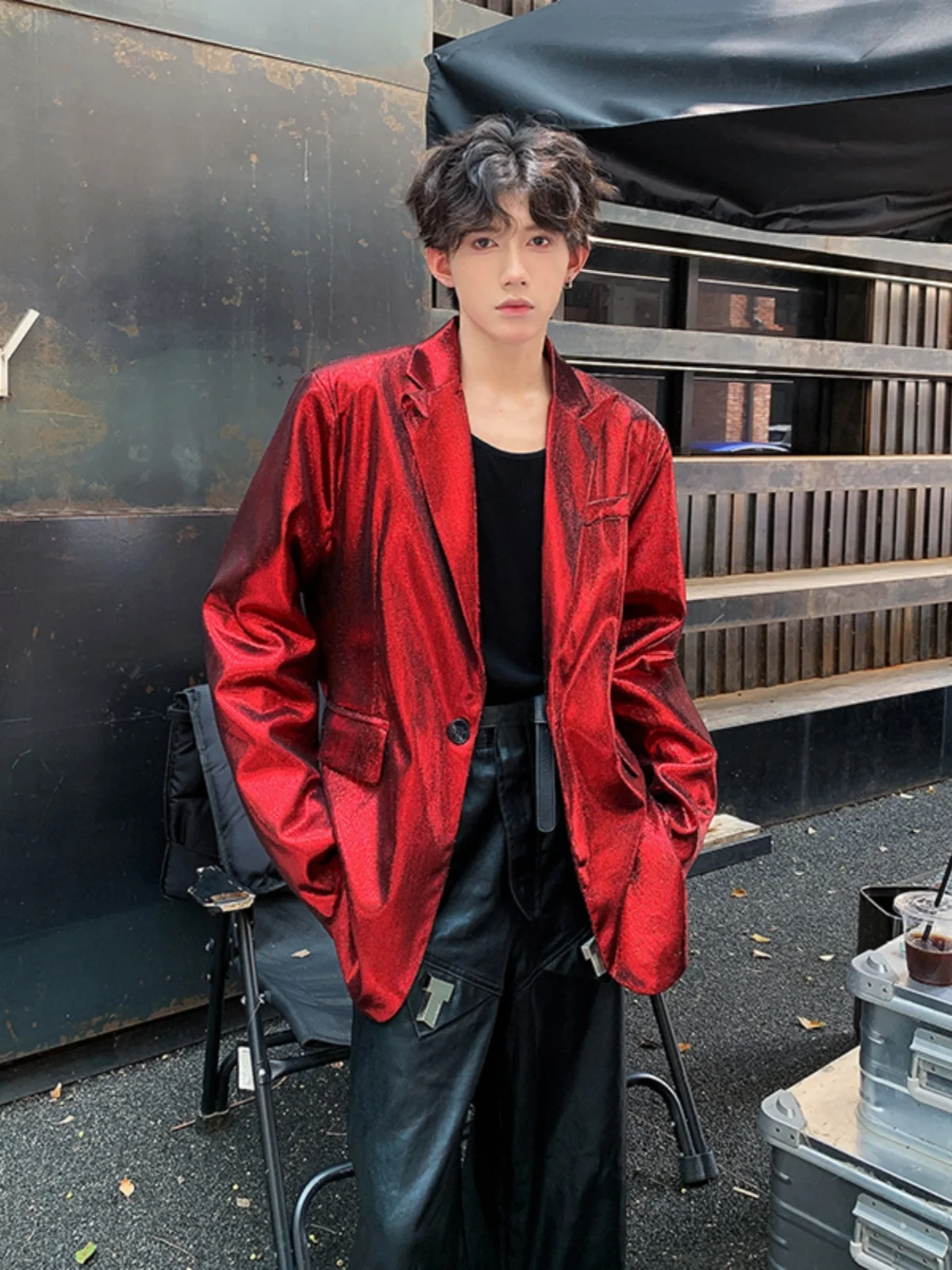 

Red oulder Pad Men's Suit Jaet Autumn Wedding Dinner Par Bright Fini Stand Fit Casual Faion Polyester Fiber