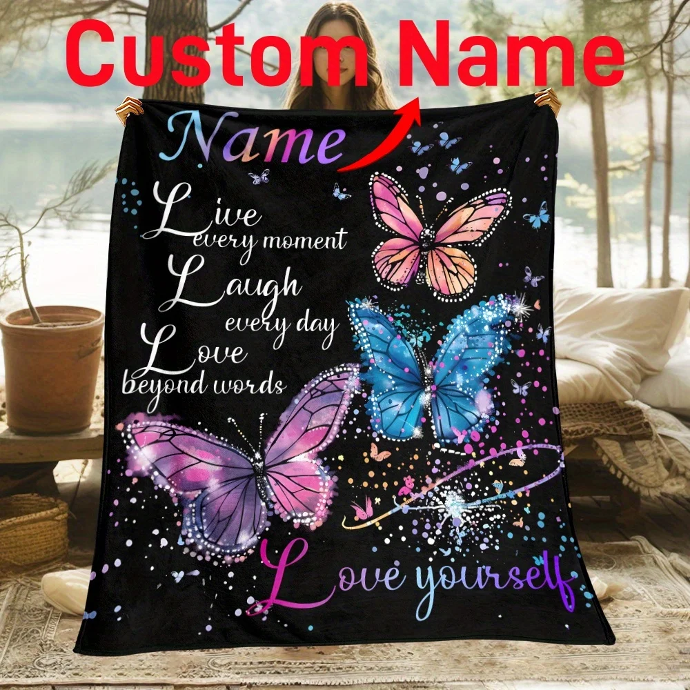 

Personalized Butterfly Text Blanket - Lightweight Flannel Blanket for Sofa, Bed, Travel, Camping, Living Room, Office,Sofa,Chair