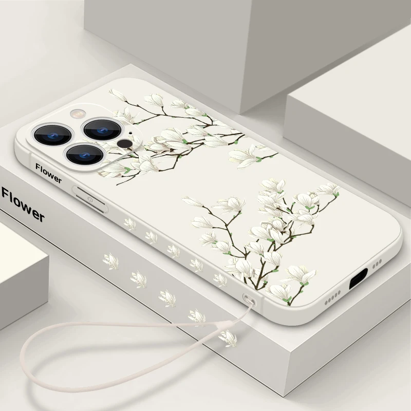 Magnolia Flower Lanyard Case For iPhone Air 17 Pro 16 15 14 Pro Max Plus 16e Soft Silicone Phone Cover For iPhone 13 12 11 Pro