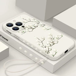 Magnolia Flower Lanyard Case For iPhone Air 17 Pro 16 15 14 Pro Max Plus 16e Soft Silicone Phone Cover For iPhone 13 12 11 Pro