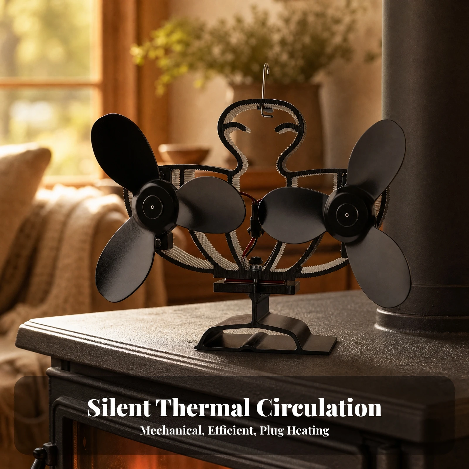 Heat-Powered Fireplace Fan with Six-Blade Rotor Compact Tabletop Fireplace Circulation Fan Battery Cordless Fuel Saving