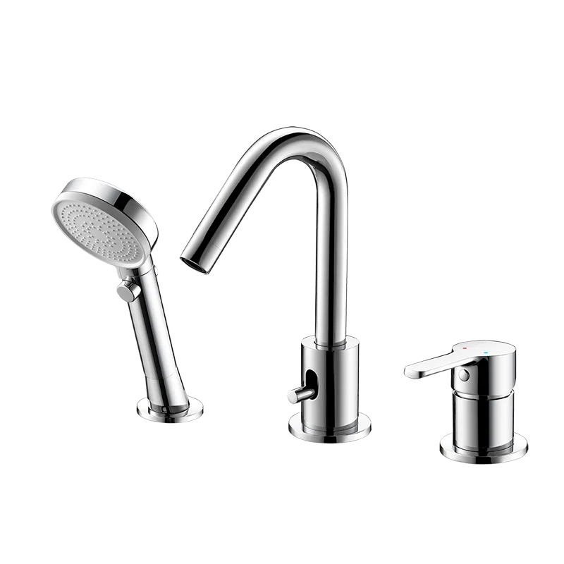 

3 Hole Round Shape Big Flow Rate Deck Mount Bathtub Faucet Set With Pull Out Shower Head In Chrome And Matte Black