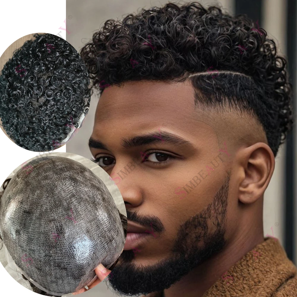 

18 мм стильный вьющийся естественный вид линии роста волос для лысых мужских париков прочный Microskin HD поли машинный инъекционный черный парик из человеческих волос