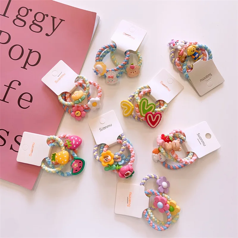 3 teile/satz Kinder kawaii Blume Frucht Haar gummi Baby bunte Herz Haar Seil elastische Haar Gummibänder für Mädchen niedlichen Haar bänder Geschenk – Detail 3