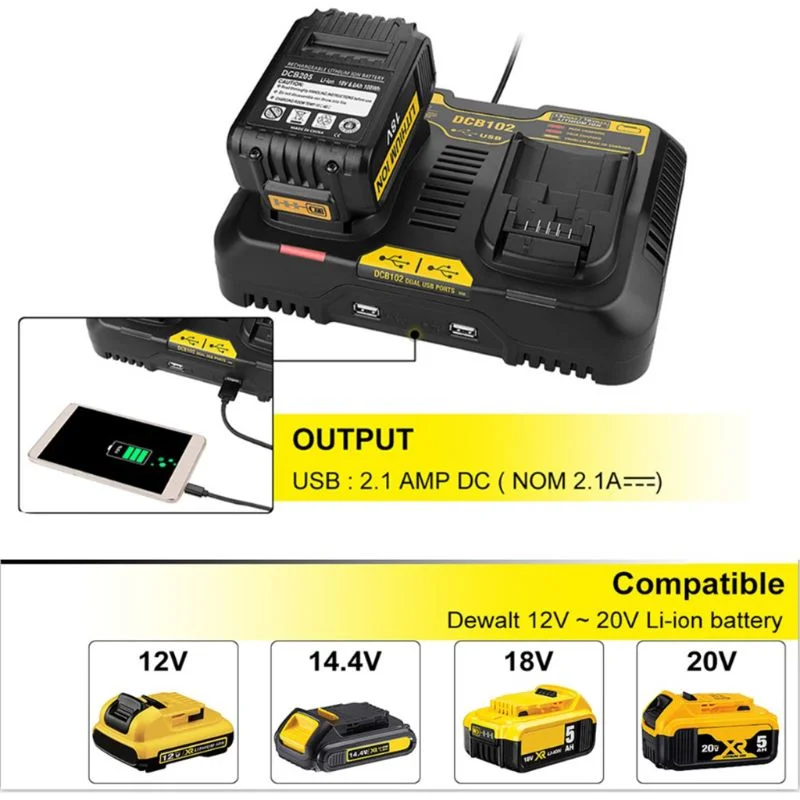 Fast charging DCB102 Li-ion Battery charger For DeWalt 12V 14.4V 18V 20V DCB105 DCB200 double charging postion with USB Port