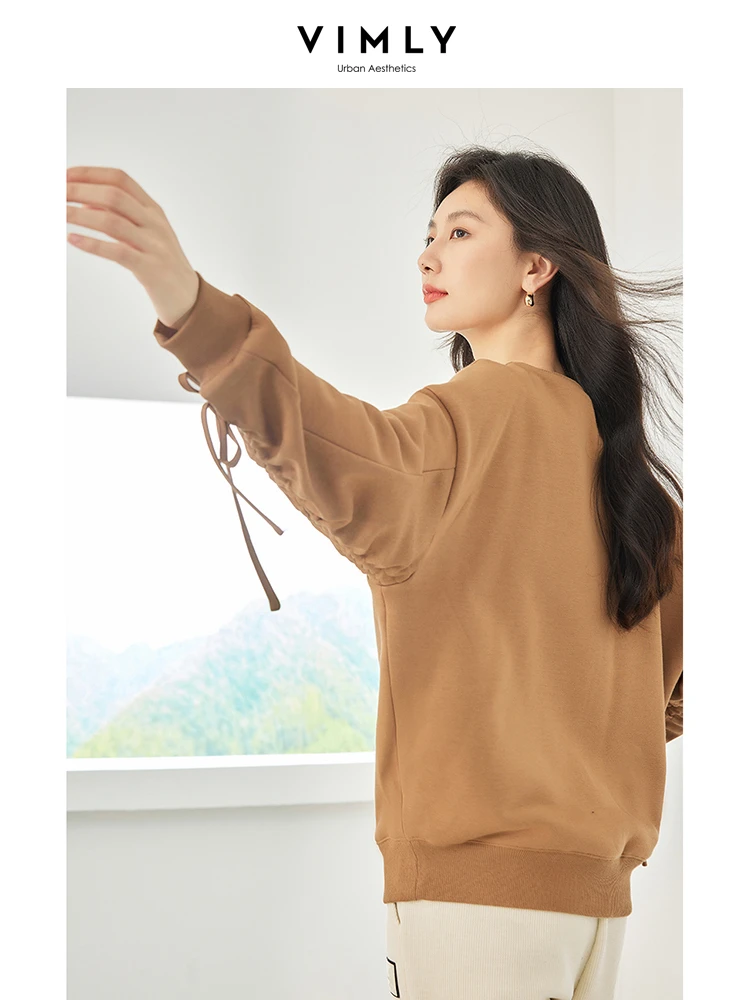 Vimly 2023 Winter Thick Warm Sweatshirt Female Solid O-neck Straight Loose Pullovers Office Lady Long Sleeve Top for Woman M3879