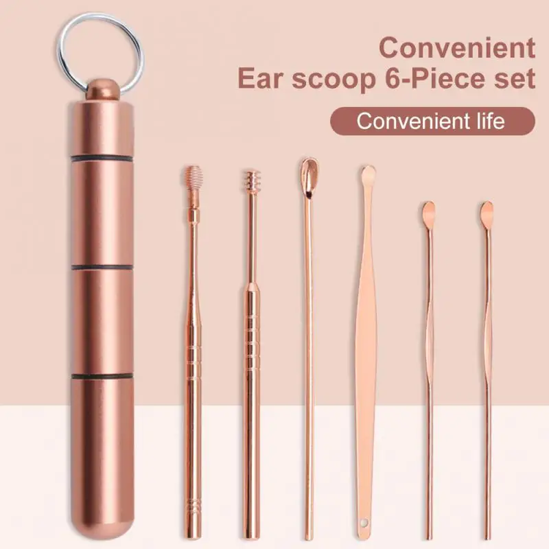 6 Pcs/set Ear Wax Cleaning Earpick Wax Removal Ear Spoons Sticks Earwax Removal Kit Curette Ear Pick Stainless Steel Tools Kit