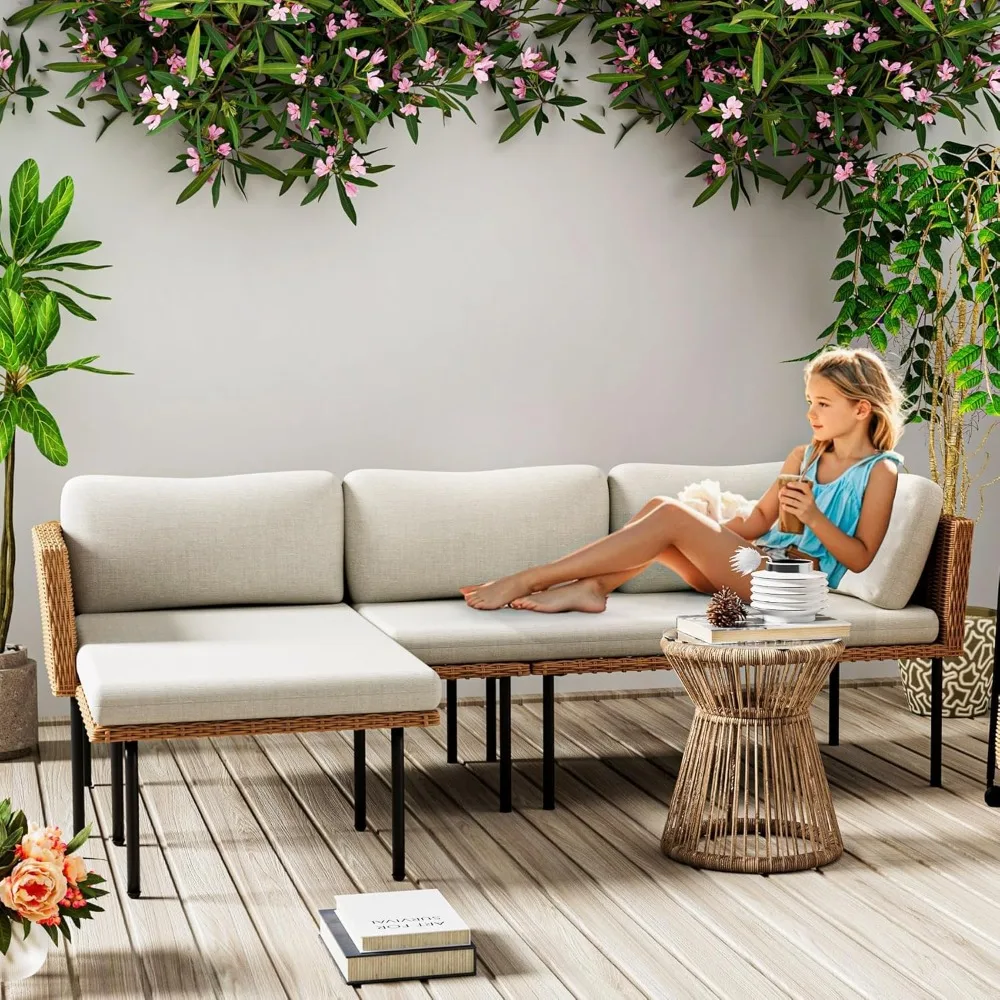 طقم أثاث للفناء مكون من 3 قطع، أريكة مقطعية خارجية على شكل حرف L مع وسائد سميكة، مجموعة محادثة من الروطان لجميع الأحوال الجوية