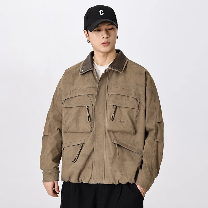 

Autumn Multi Pocket Cargo Motorcycle Jacket Men Streetwear Fashion Loose Casual Vintage Techwear Bomber Jacket Coat Outerwear