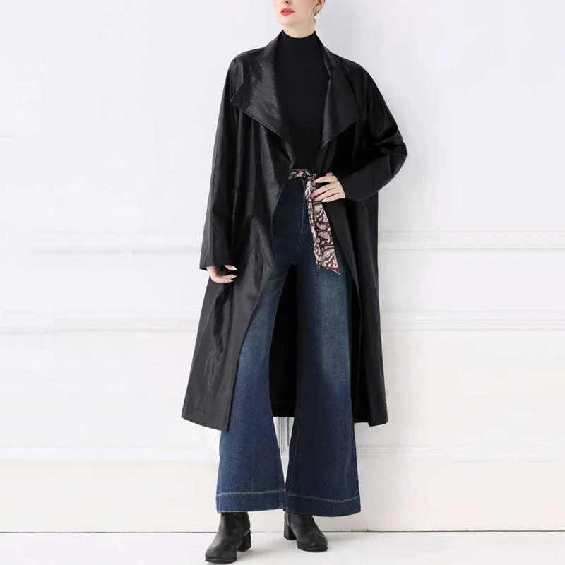 Hksh primavera outono novo casaco longo feminino couro do plutônio turn-down colarinho cor sólida bolsos cinto elegante jaqueta chique hk14049