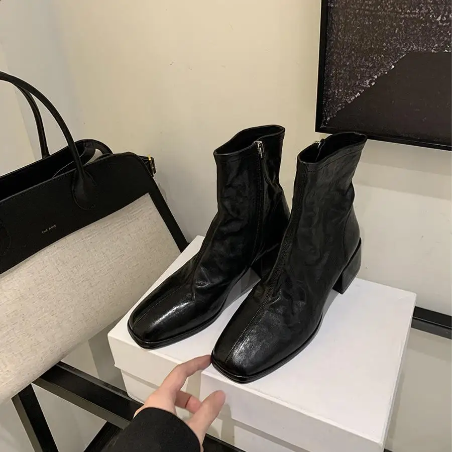 Zapatos Botas de tacón medio Goma Roma PU Tela Zapatos con pezuña Botas de goma para mujer Lluvia Med Tela Pezuña Tacones PU