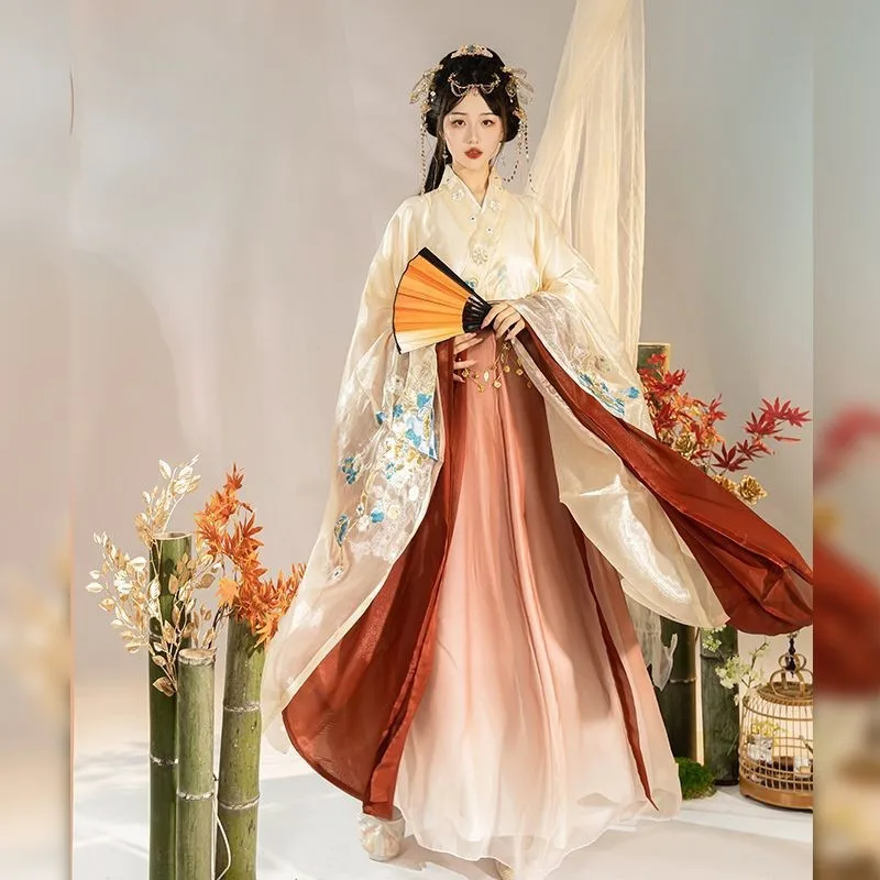 

Hanfu Blue Yao Wei Style Women's Han Chinese Clothing Cross Collar Wide Sleeve Dynasties Waist Broken Skirt Embroidery Suit