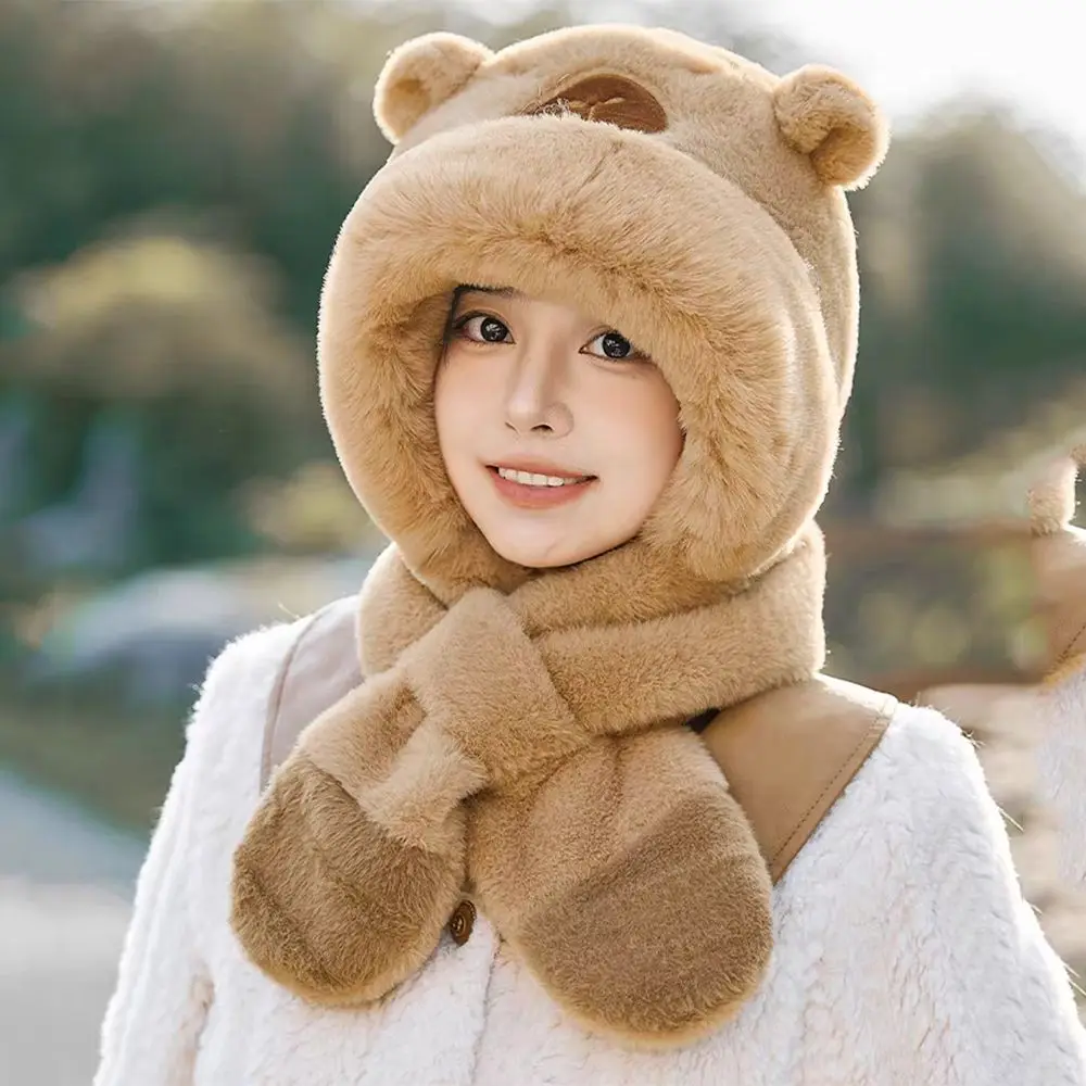

Cute Winter Integrated Cap Scarf Thickened Windproof Kids Winter Warm Hat Integrated Soft Plush Plush Hat Scarf Set Cold Weather