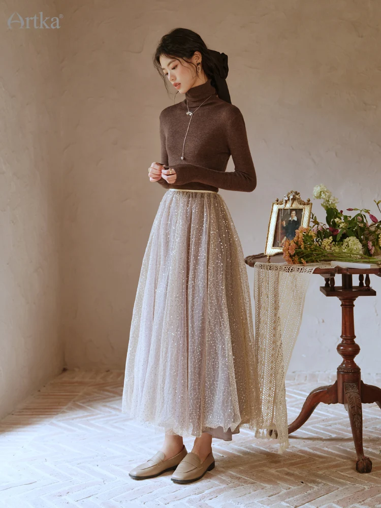 ARTKA 2022 Autumn Winter New Women Skirt Elegant Sequins High-end Multilayer Gauze Skirts High Waist A-Line Long Skirts QA92125Q