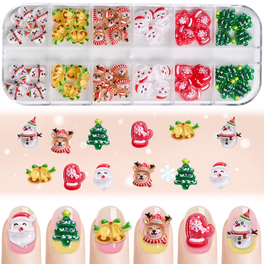 12Grids 3D Cartoon Christmas Nail Art Accessories Cute Xmas Tree Santa Claus Bell Nail Charms Rhinestone DIY Christmas Manicure﻿