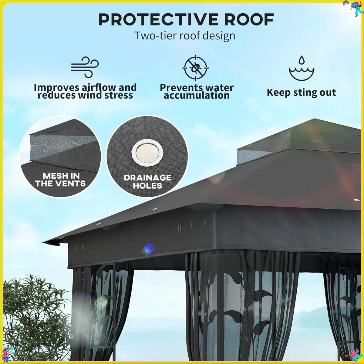 棚とネット付きの二重屋根のガゼボ、UV30+ キャノピーで日よけと虫よけを実現、裏庭での快適な屋外生活を