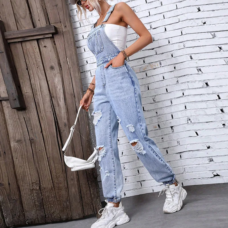 Benuynffy Streetwear Ripped DENIM โดยรวม Jumpsuit ผู้หญิงฤดูร้อน 2025 แขนกุดกระเป๋าสบายๆเอวสูง Overalls สําหรับผู้หญิง