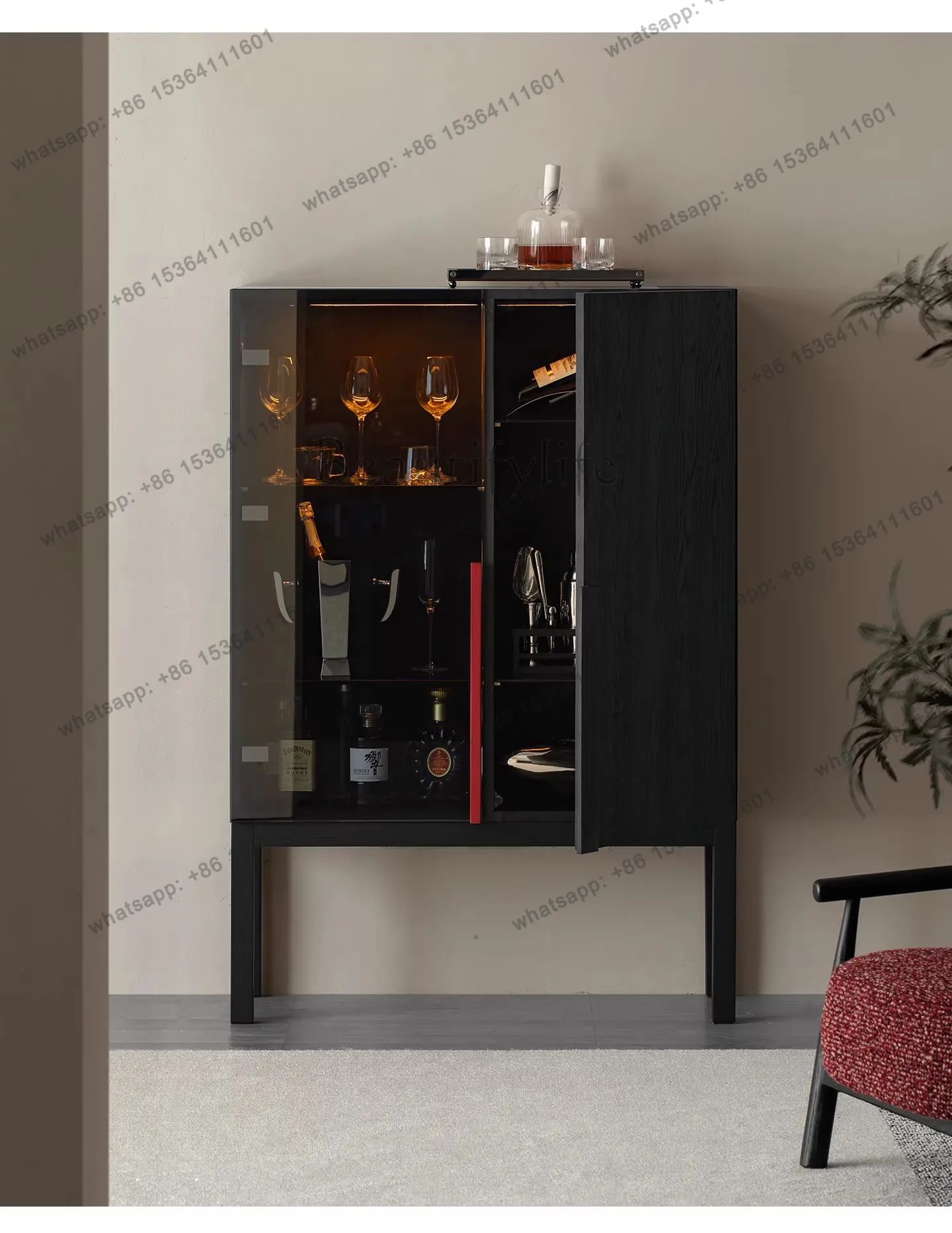 

Solid wood dining side cabinet, living room against the wall, black ash wood storage display cabinet