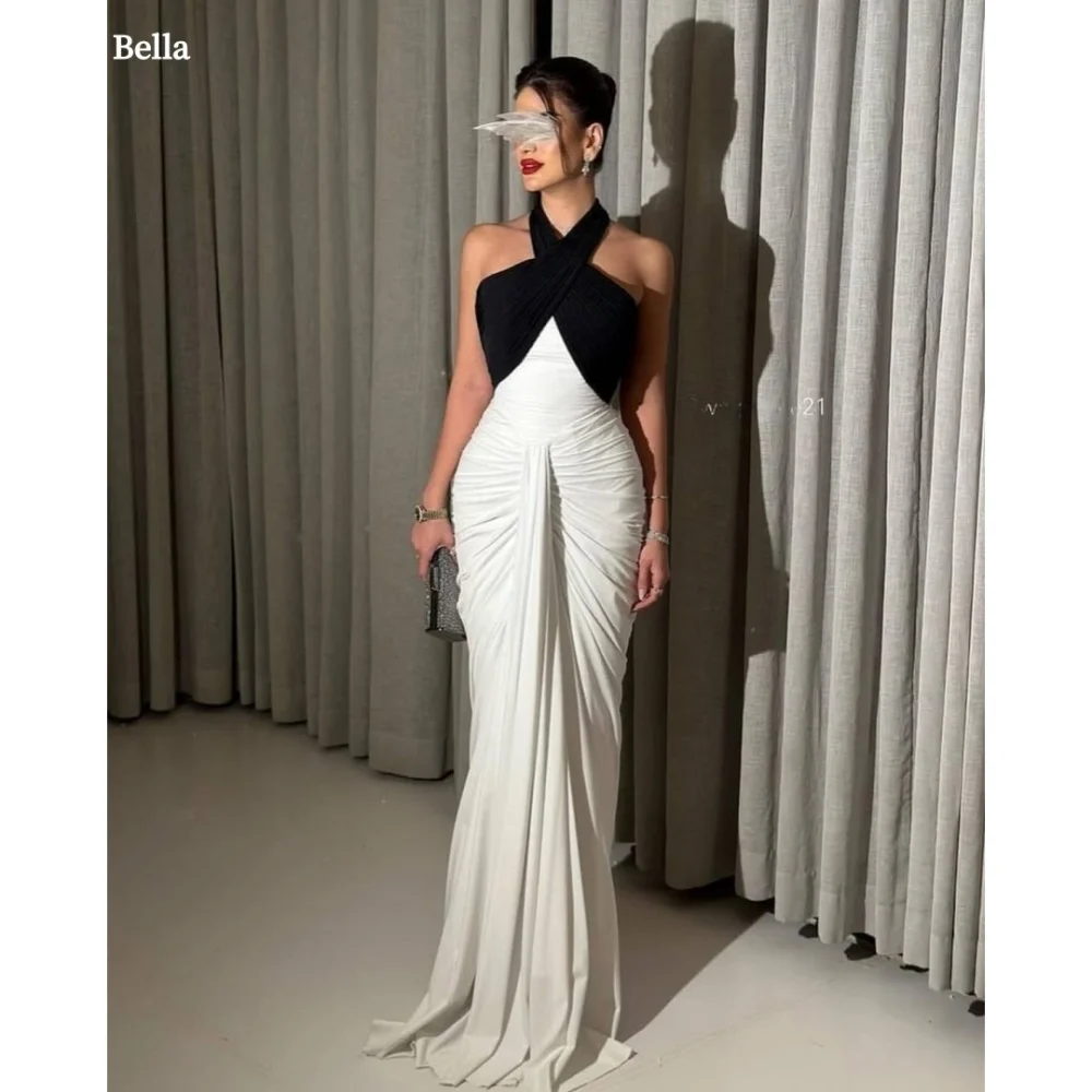 

Bella Customized White Mermaid Chiffon robes de soirée Halter Neck Backless Party Dresses Floor-Length Sleeveless Prom Dress