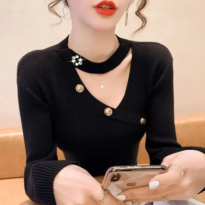 Women Clothing Sexy Slim Hollow Out All-match Pullovers Autumn Winter New Long Sleeve Solid Elegant Sweaters Temperament Trend