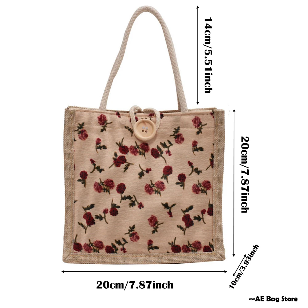 Retro Flower Pattern Linen Handbag Women Large-Capacity Shopper Tote Travel Grocery Storage Bag Gift Packing Bag