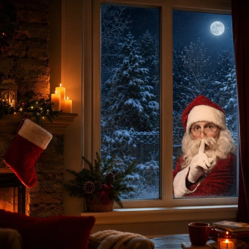 2D Flat Static Cling Window Sticker Reusable Double-Sided Visible Christmas Decal No Residue Removable Peeking Santa Claus