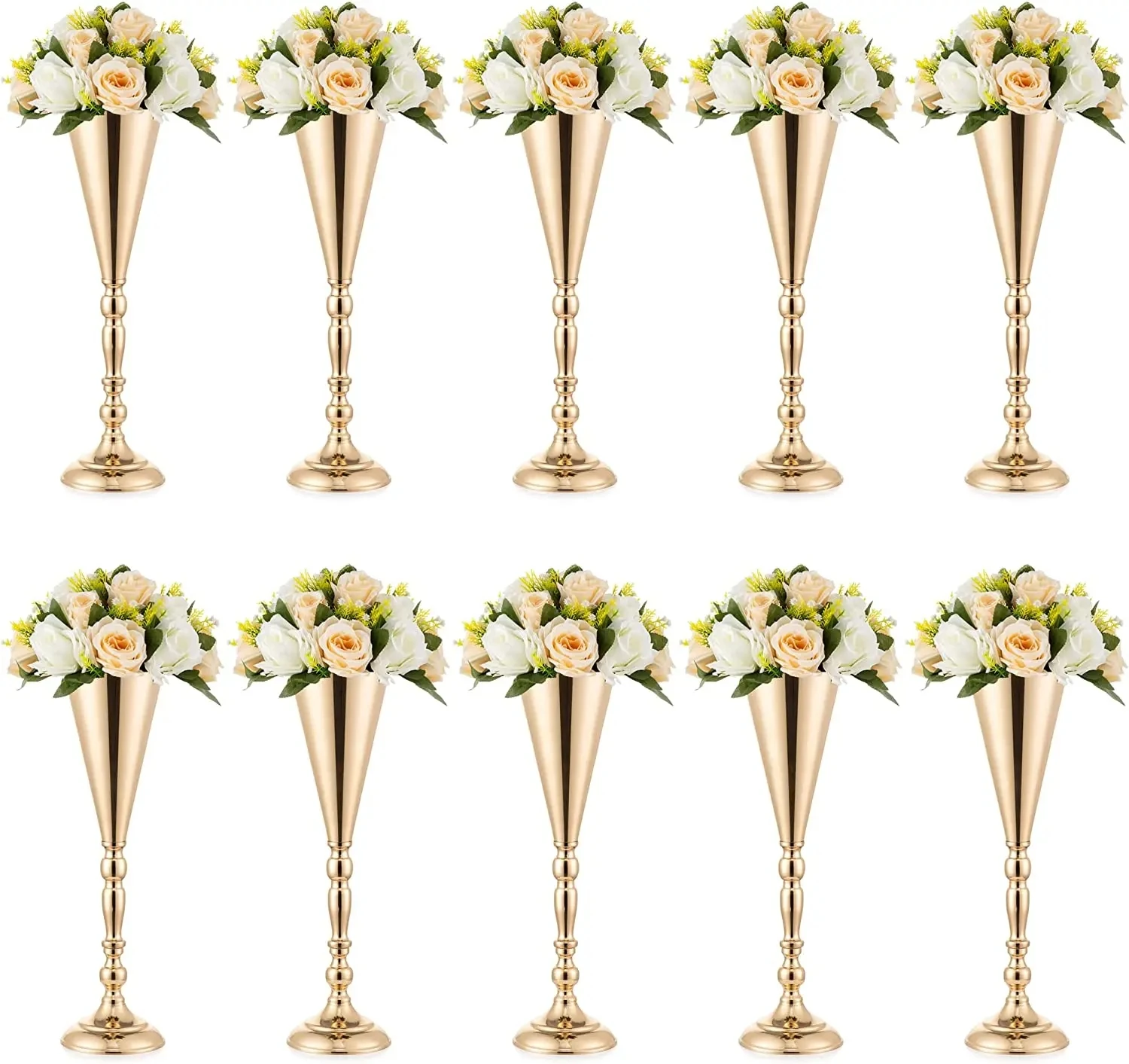 

10Pcs Gold Metal Wedding Flower Trumpet Vase, Table Decorative Centerpiece Artificial Flower Ceremony Party Birthday Event