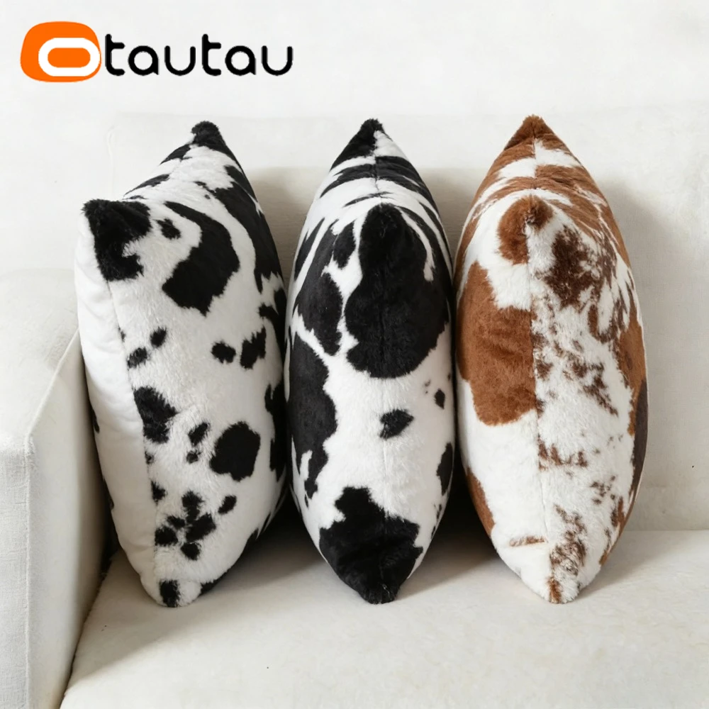 OTAUTAU 30x50cm 45x45cm 1pc Cow Print Fluffy Faux Fur Pillow Cover Throw Pillowcase KD068【No Filler!Need Buy Filler Yourself!】